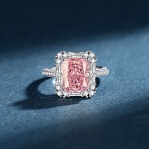 Cushion Cut Pink Zircon Statement Ring with Halo S925 Silver Engagement Rings